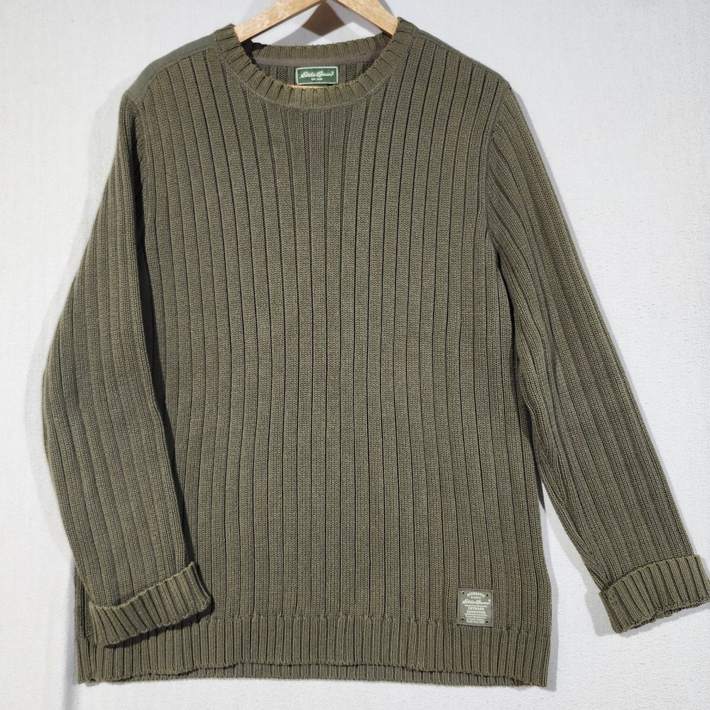 Eddie Bauer Mens Olive Green Ribbed Knit Cotton Sweater Shoulder Patches Large